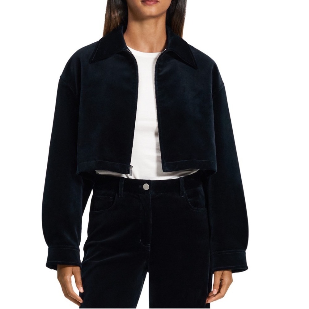 Theory Cropped Velvet A Line Jacket‎ Baltic Navy Blue Stretch Zip O1004102 Large